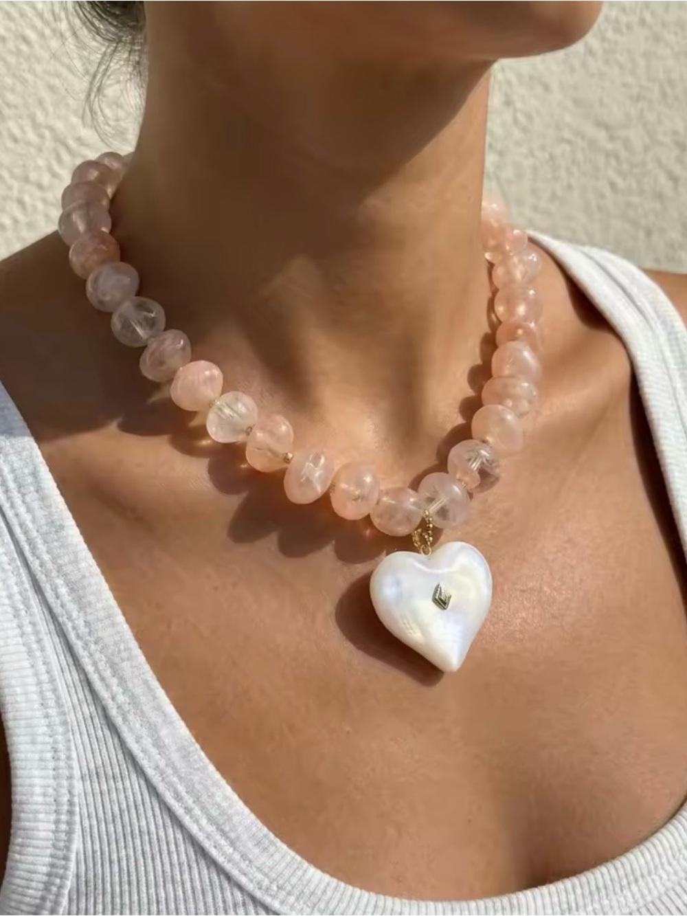 Rose Quartz Pink Heart Bead Necklace with Gold Accents